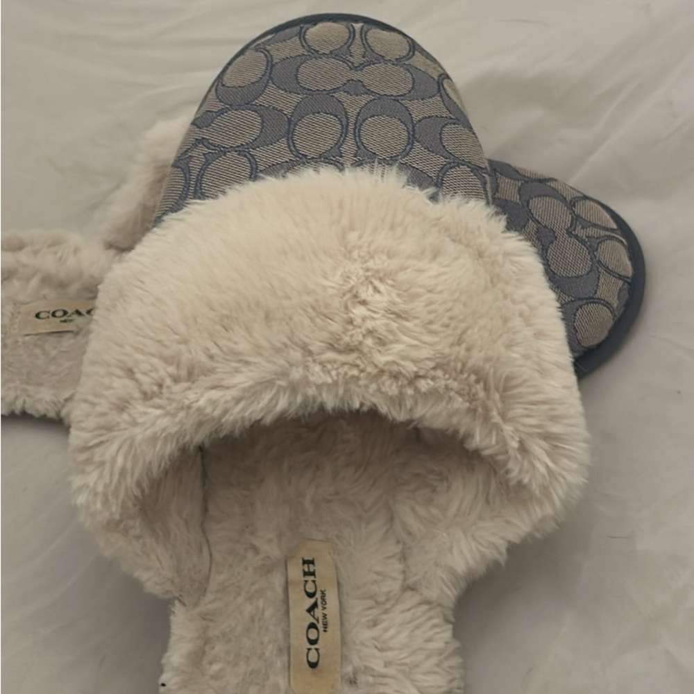 Lightly worn blue fuzzy Coach slippers